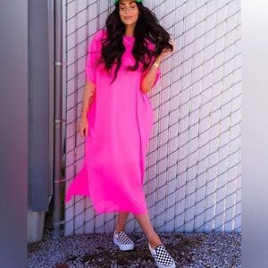 Dressed in Lala Karma Oversized Mesh Dress + Slip in Electric Pink